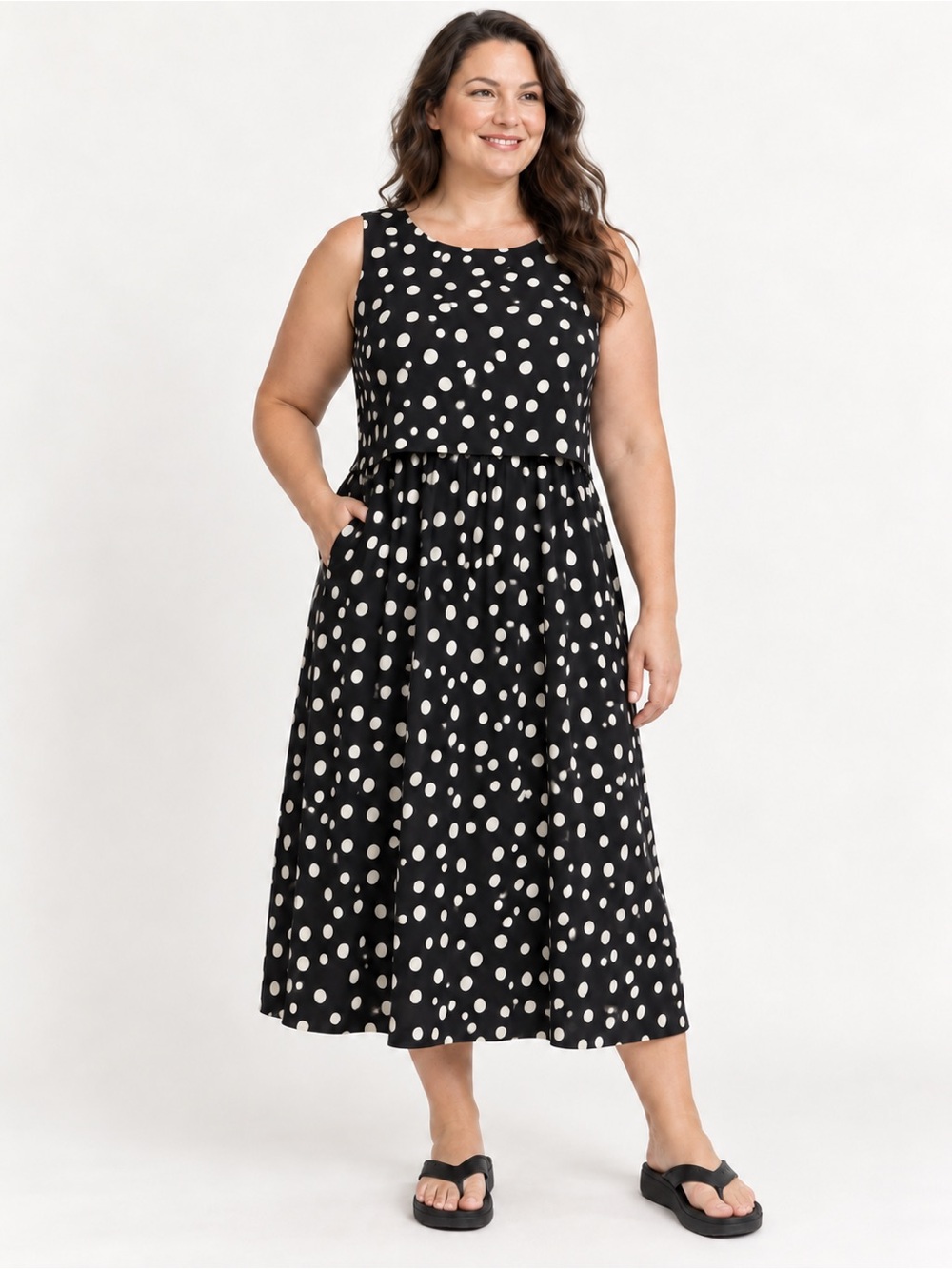 connected apparel Black and White Polka Dot Sleeveless Midi Dress